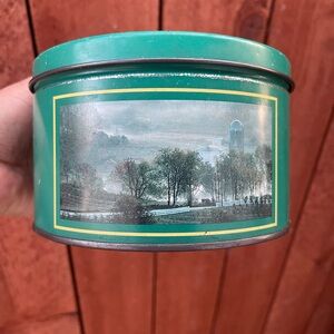MR COFFEE COLlETOR.  Vintage Green Decorative Tin Can with Scenic Farm Artwork.